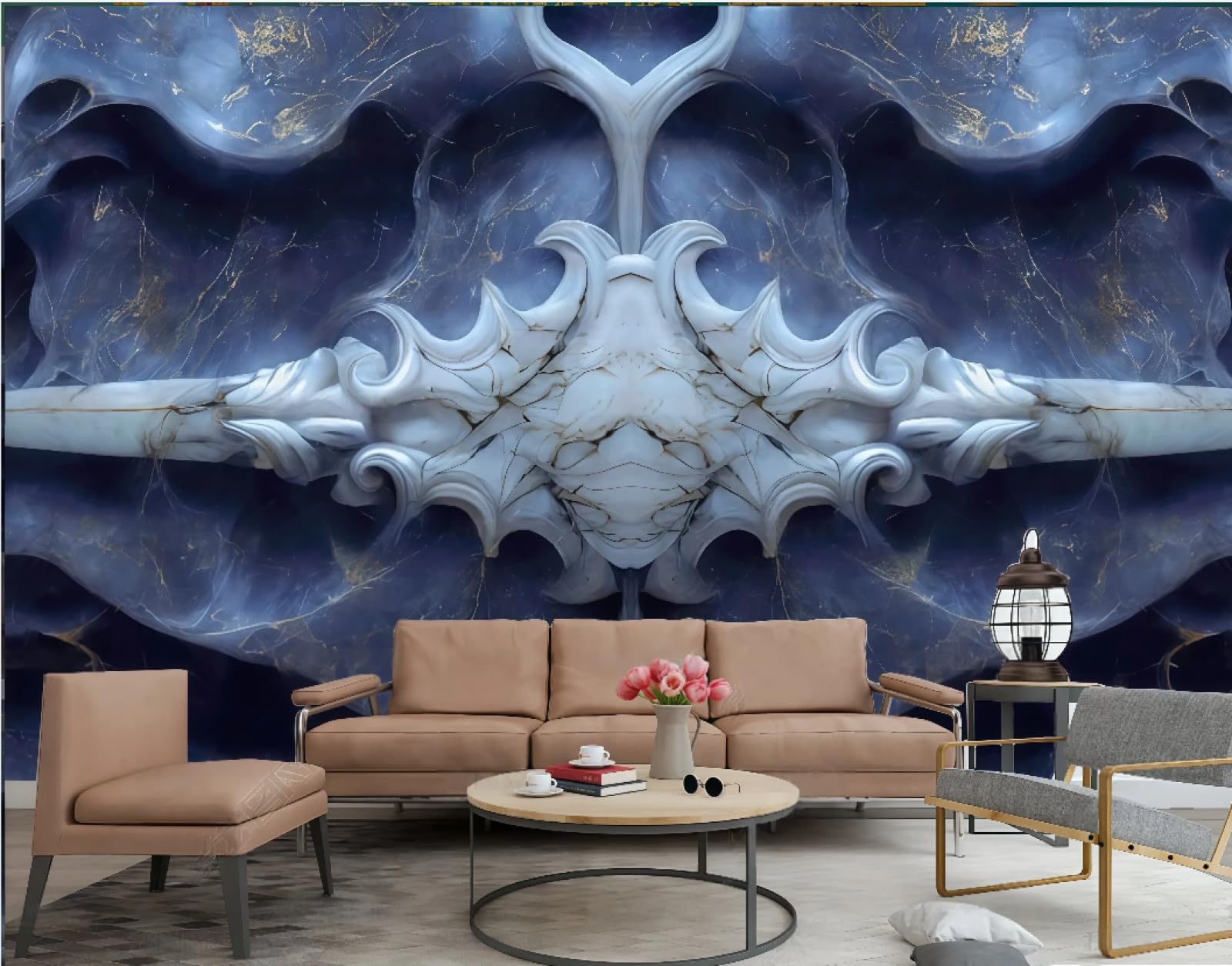 Trójwymiarowa tapeta abstrakcyjny biały jadeit tłoczony wzór niebieski marmur TV sofa tło tapeta ścienna salon restauracja kawiarnia, 3D, 200x140 cm