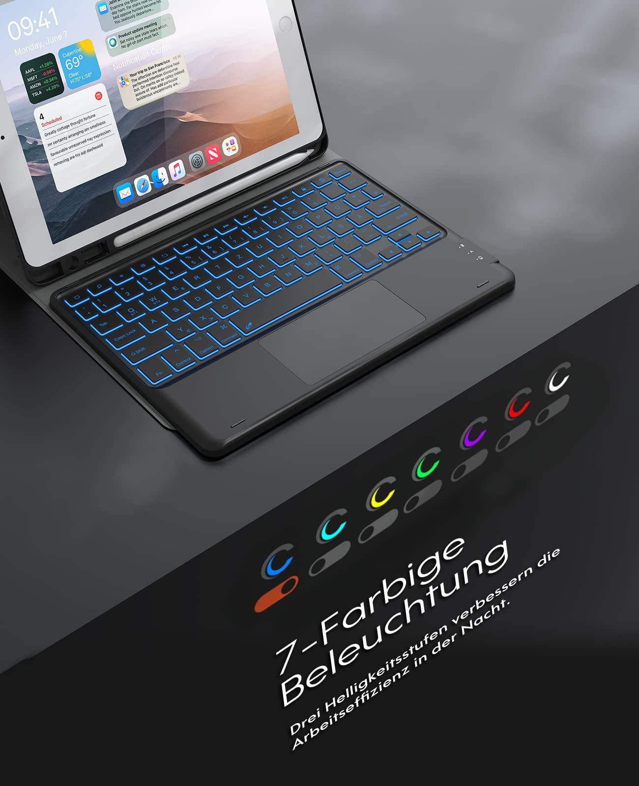CHESONA Tastatur Hülle für iPad 10.2 Zoll 9/8/7 Generation | 7-Farbige Beleuchtung, 2 BT Kanäles, Wiederaufladbar Abnehmbare QWERTZ Tastatur, Schwarz