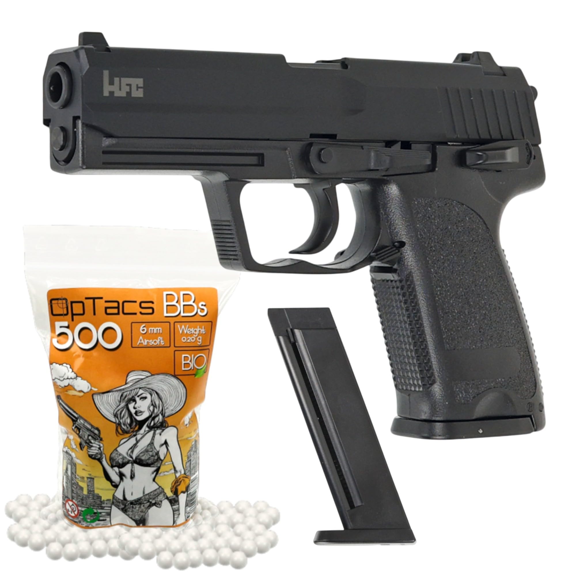 Set Airsoft Pistole HFC USP HA112B - Federdruck Softair Waffe 0,5 Joule 6mm inkl. 500 Premium Bio BB's 0,20g - Spring Powered Air Soft Gun mit 15 Schuss Magazin