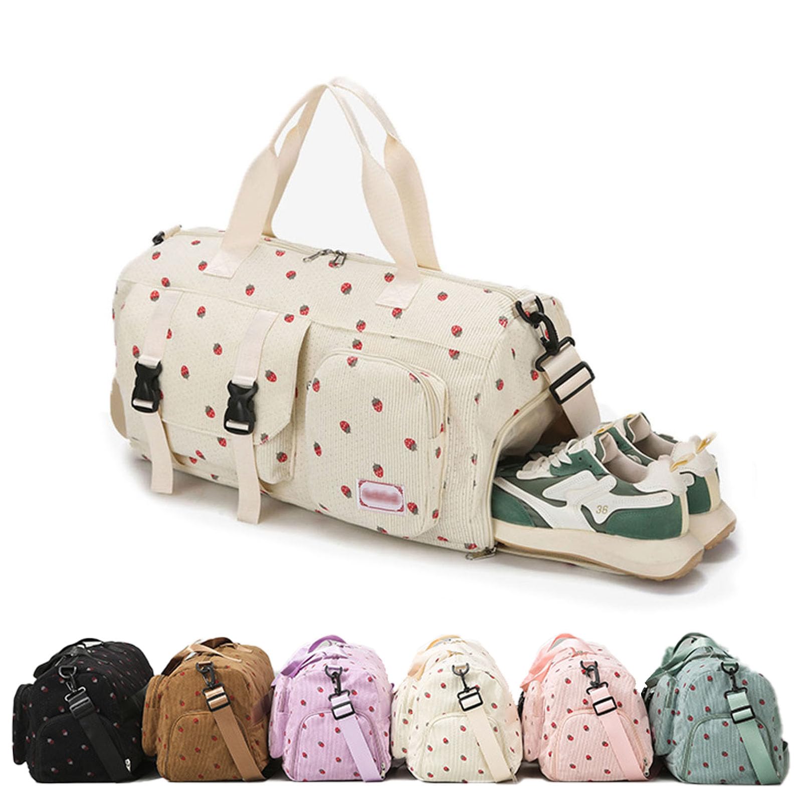 Corduroy Strawberry Sports Duffel Bag,Gym Bag with Shoe Compartment & Wet Pocket,Cute Kids Duffle Bag Travel Bag Weekend Bag Dance Bag for Girls (Purple)