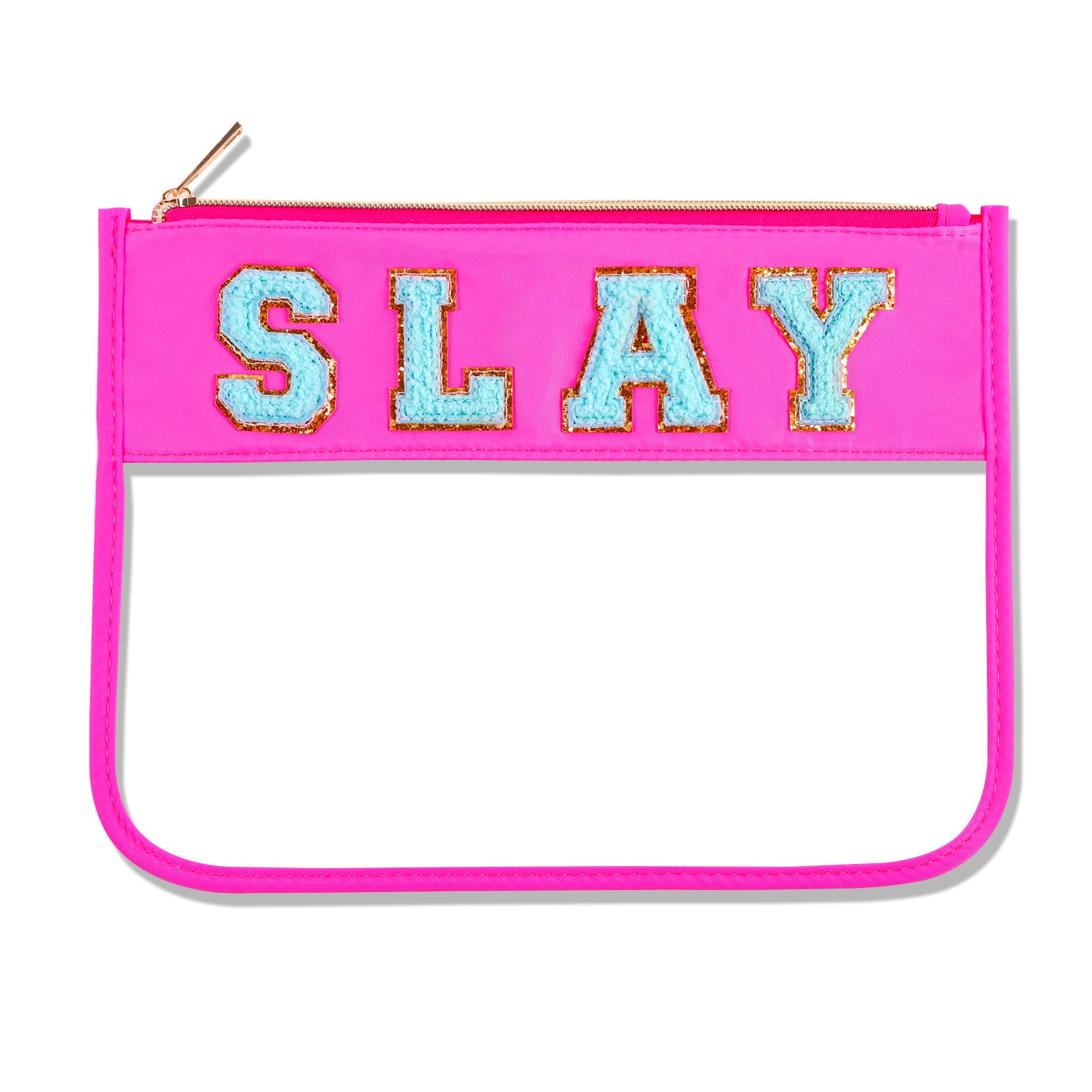 Dealkion Slay Makeup Bag Slay Purse Slay Stuff Toiletry Zipper Pouch Chenille Letter Clear Zipper Pouch Slay Skincare Travel Pouch for Women Girl