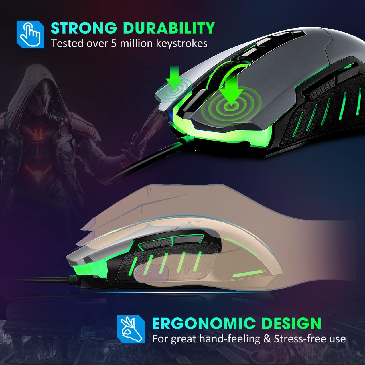 Wired Gaming Mouse, PC Gaming Mice [Breathing RGB LED] [Plug Play] High-Precision Adjustable 7200 DPI, 7 Programmable Buttons, Ergonomic Computer USB Mouse for Windows/PC/Mac/Laptop Gamer-Grey…