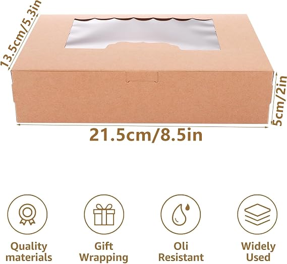 ASelected 20 Pcs Kraft Cookie Boxes with Window, 21x13x5cm Brown Empty Sweet Boxes, 8Inch Bakery Boxes Gift Packing Boxes for Muffins Pastry Cupcake Candy Pie Cookies Desserts
