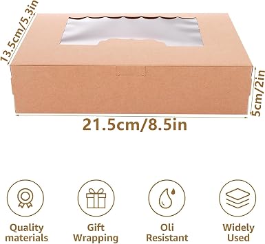 ASelected 20 Pcs Kraft Cookie Boxes with Window, 21x13x5cm Brown Empty Sweet Boxes, 8Inch Bakery Boxes Gift Packing Boxes for Muffins Pastry Cupcake Candy Pie Cookies Desserts
