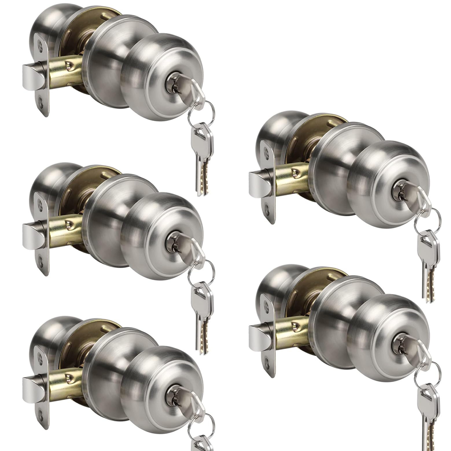 goldenwarm 5Pack Door Locks for Entry Door Knob Exterior Knob Lock with Key Brushed Nickel Doors Handles with Lock Easy Install Left/Right Open
