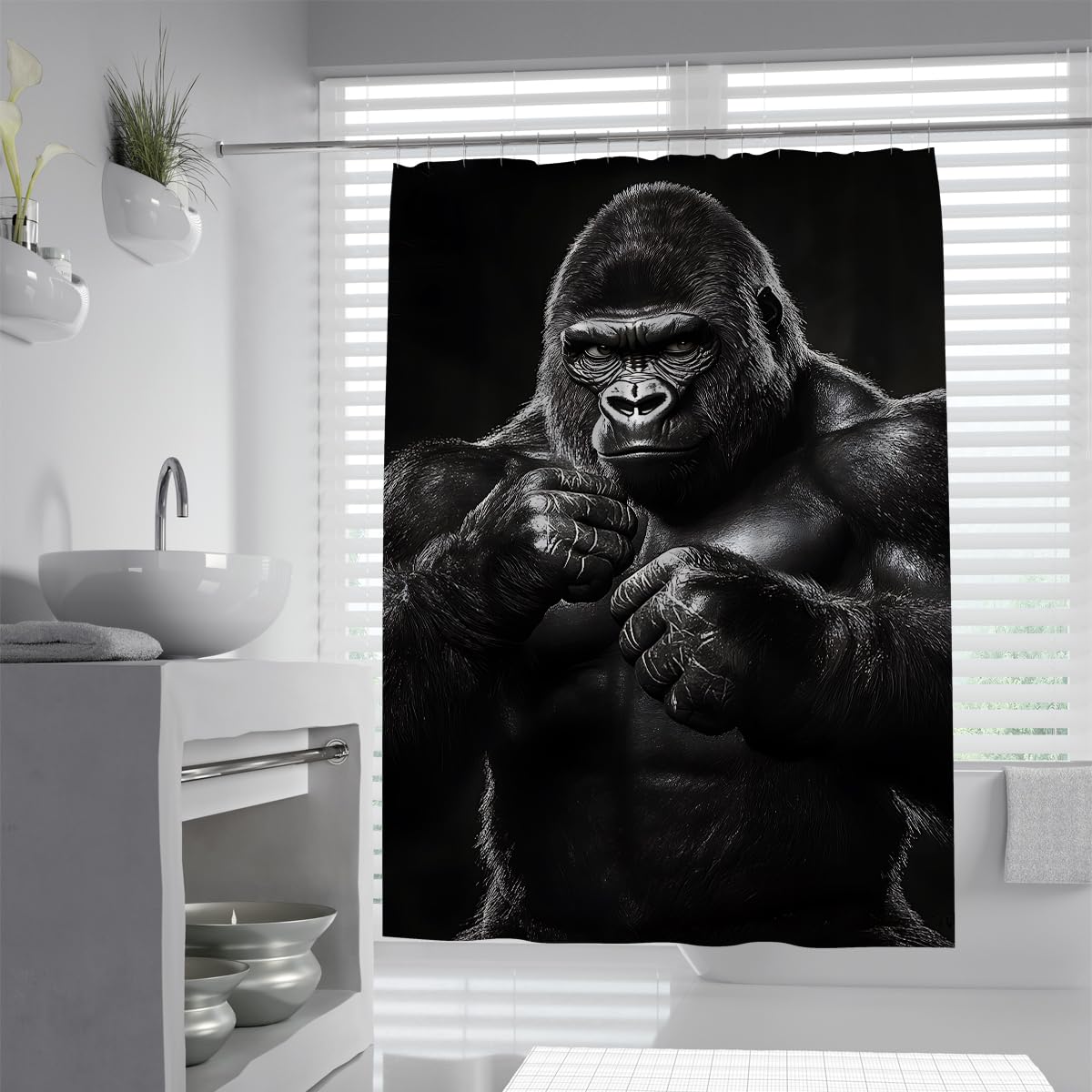 UIRINGART Black Gorilla Bathroom Screen W120xL180cm Waterproof Anti Mould Powerful Ape Gym Graphic Fabric Shower Curtain Rustproof Grommets Tub Liners Washable