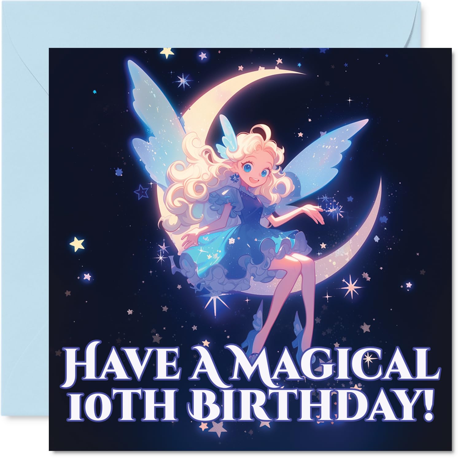 Birthday Card - Sprinkle Some Birthday Sparkle - Whimsical Fairy Perched on a Crescent Moon with Twinkling Stars - 145mm Square, Envelope Included