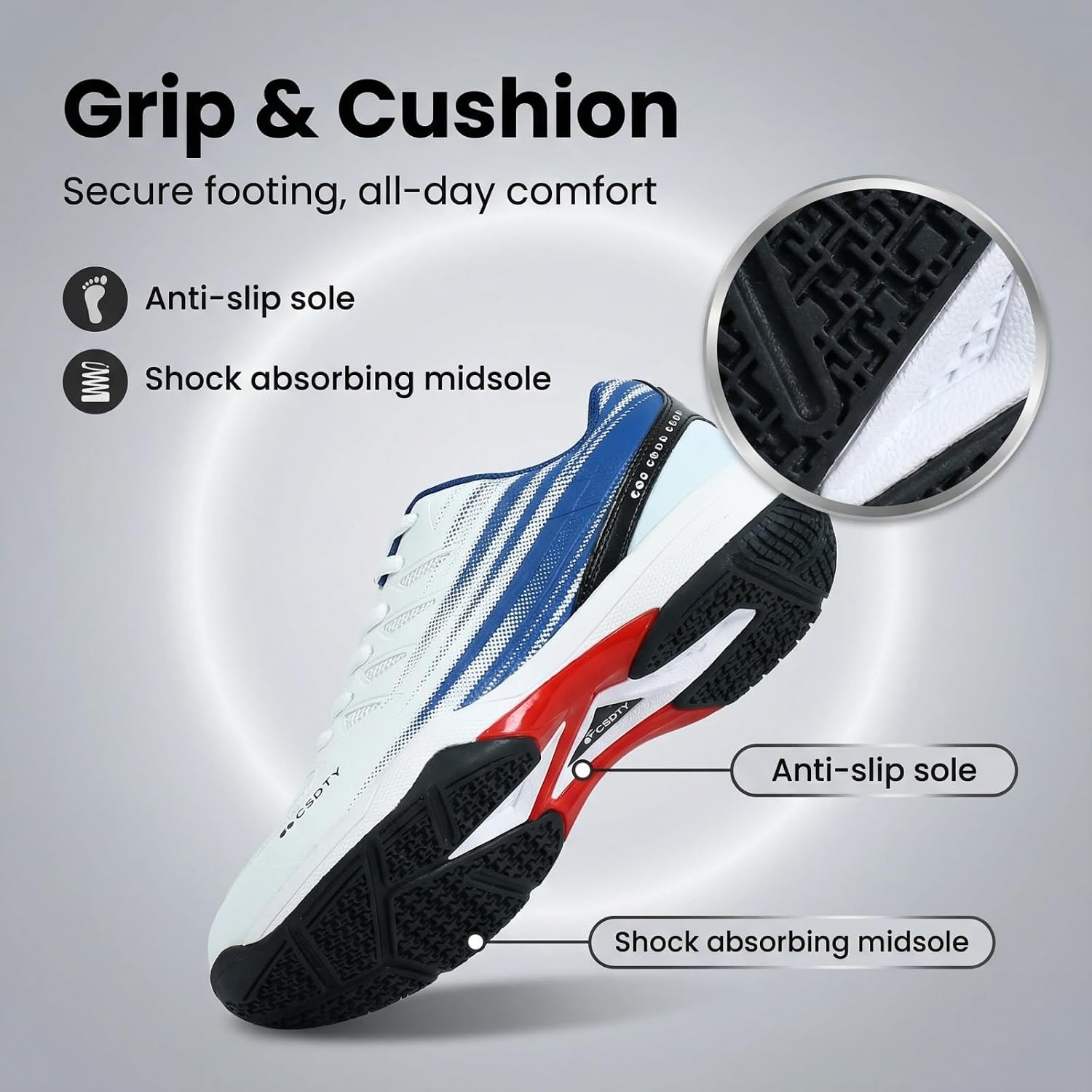 Men's Pickleball Shoes, Breathable Cushioned Tennis & Racquetball Court Sneakers, Anti-Slip, Lightweight Comfort for Outdoor Sports