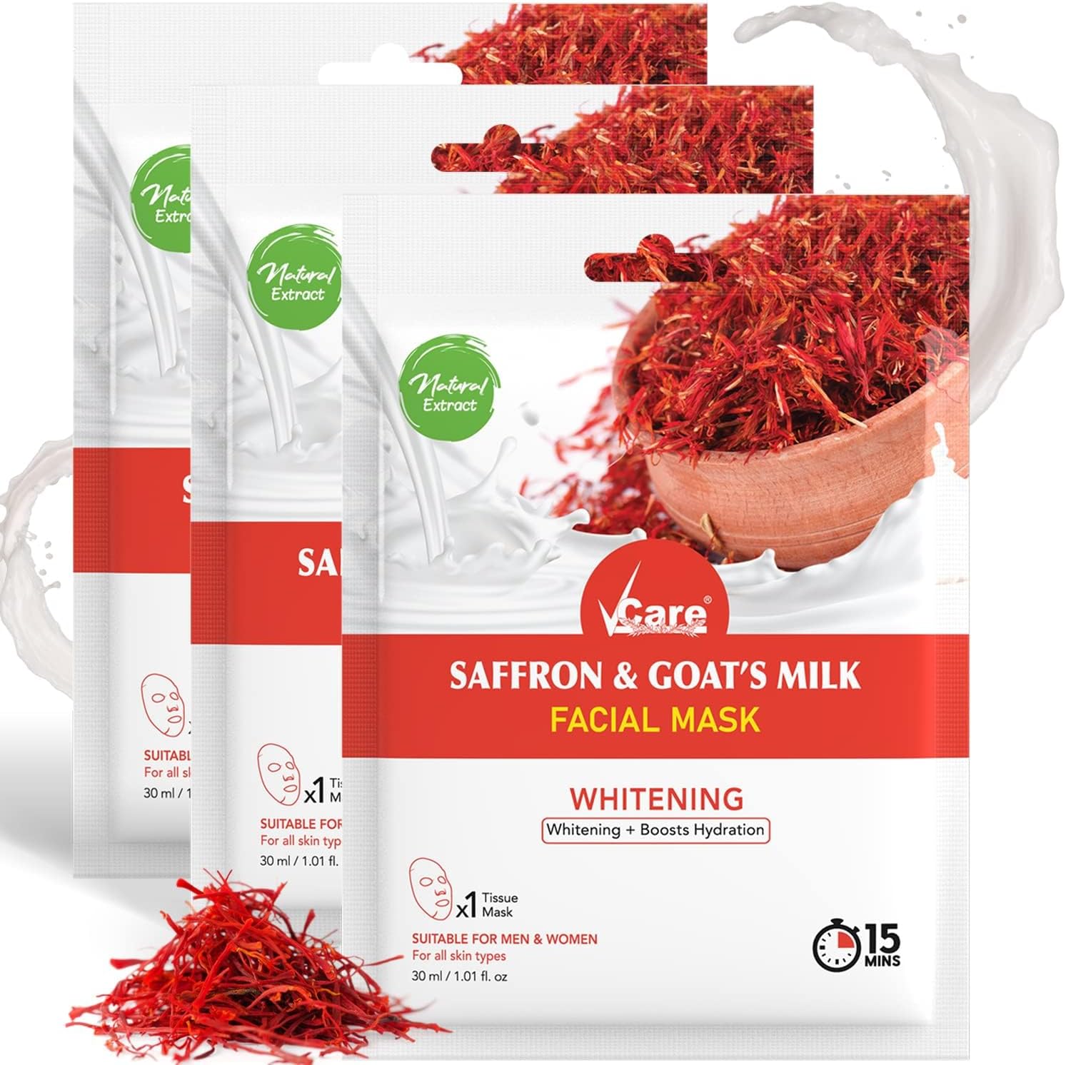 VCare Facial Mask skin care mask for Glowing Skin & Tan removal | Brightening Face wash For Dry Skin (Saffron & Goat's Milk) Pack of 3