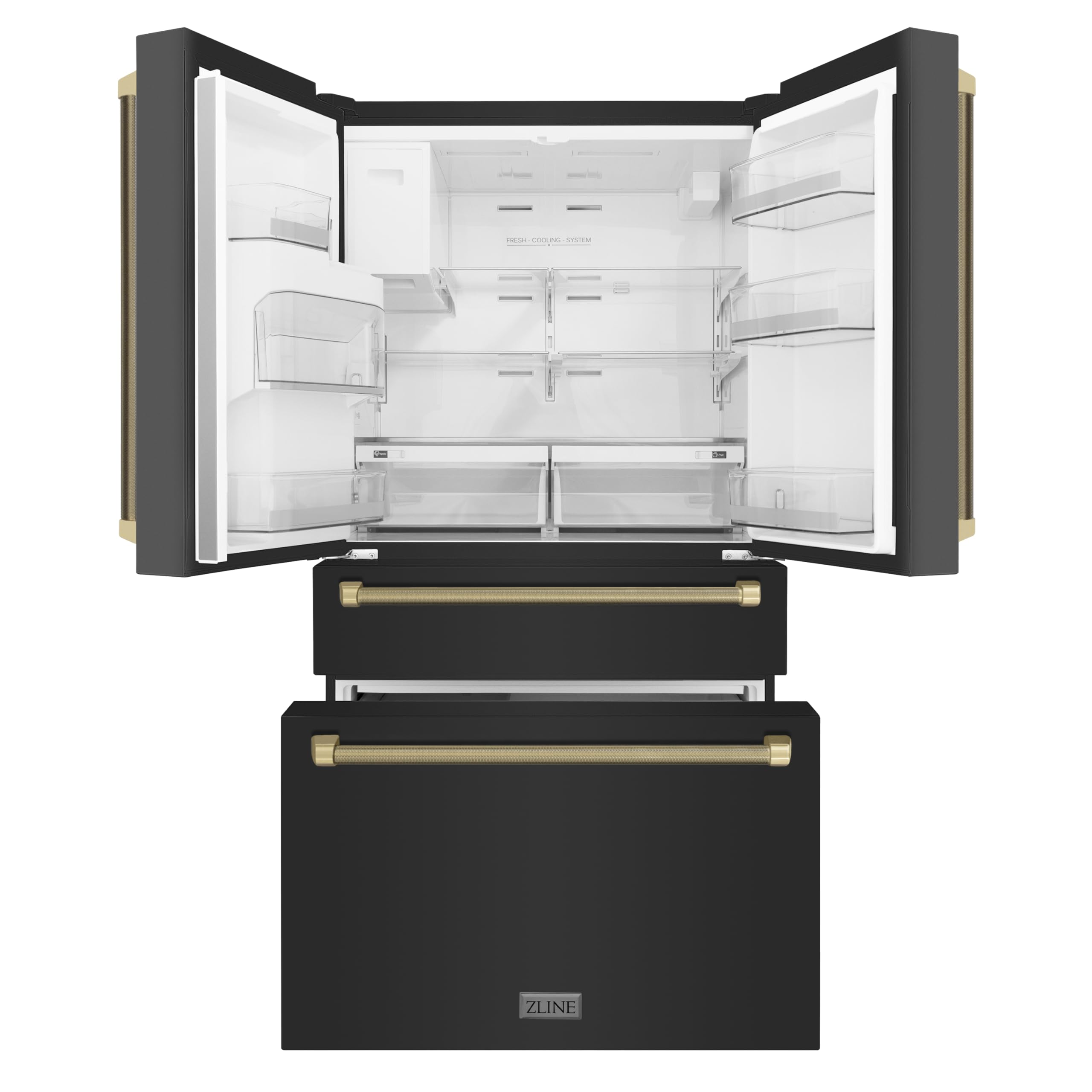 ZLINE Autograph Edition 36 in. 21.6 cu. ft. Counter-Depth French Door Refrigerator with Water and Ice Dispenser in Fingerprint-Resistant Black Stainless Steel with Champagne Bronze Helix Handles on Fridge.com