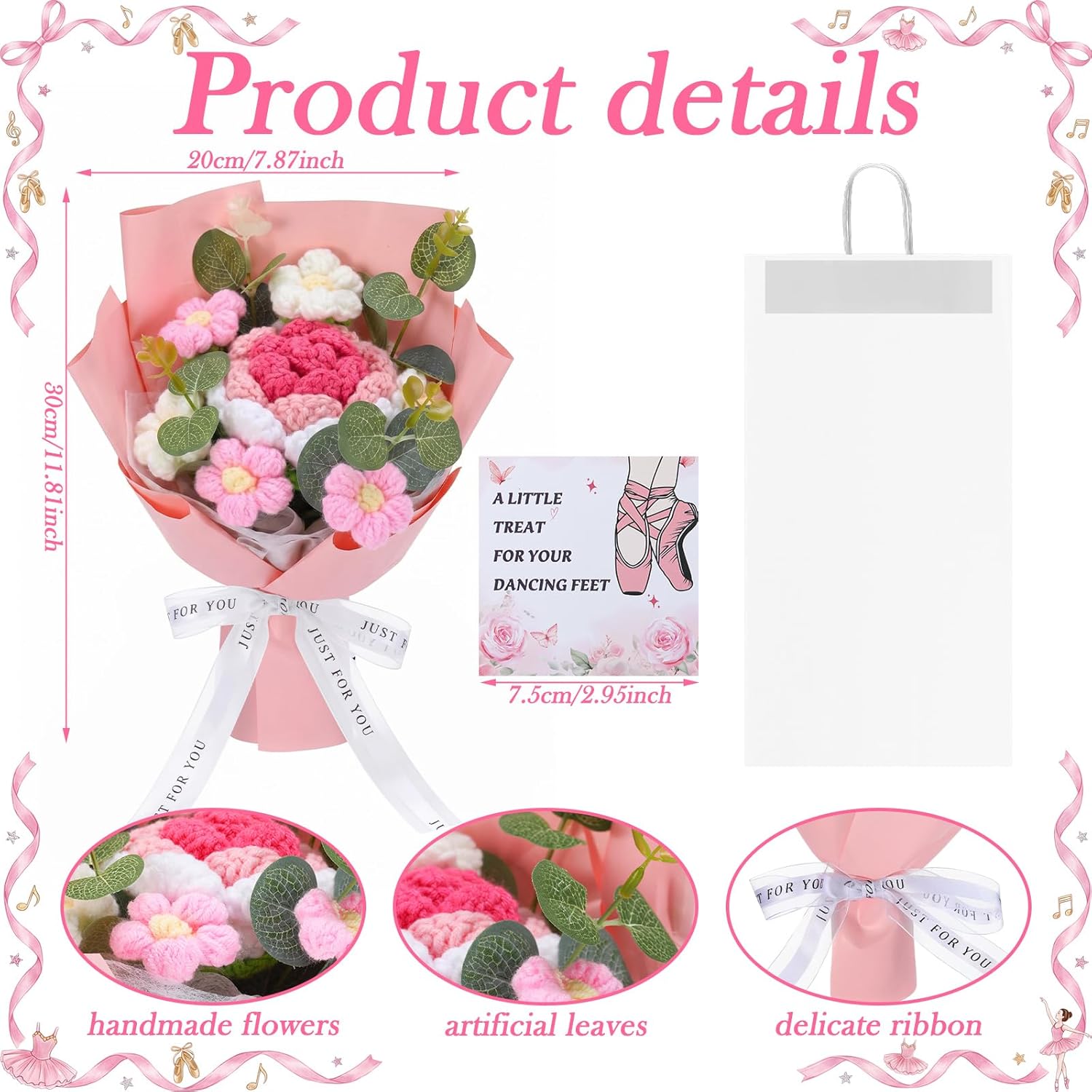 5 Pcs Pink Dance Recital Gifts Set Crochet Flower Bouquet with Ballet Shoe Dance Bag Polymer Clay Beaded Bracelet Set Elastic Ballet Hair Tie for Recitals Ballerinas Graduation Gift