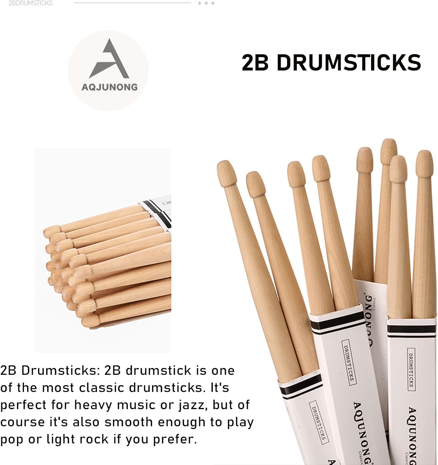 2B Drumsticks,12 Pair Maple Drum Sticks 2B, Wood Tip Drumsticks 2B Drum sticks for Acoustic Drum and Electronic Set.
