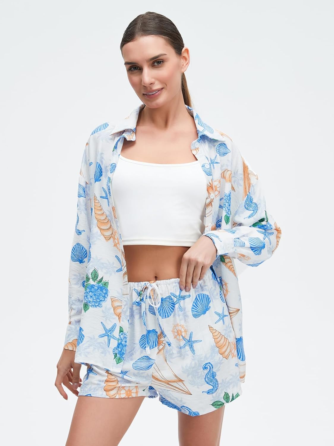 Womens Two Piece Summer Set Cute Beach Outfit with Button Up Shirt & Long Sleeves Vacation Cover Up Set
