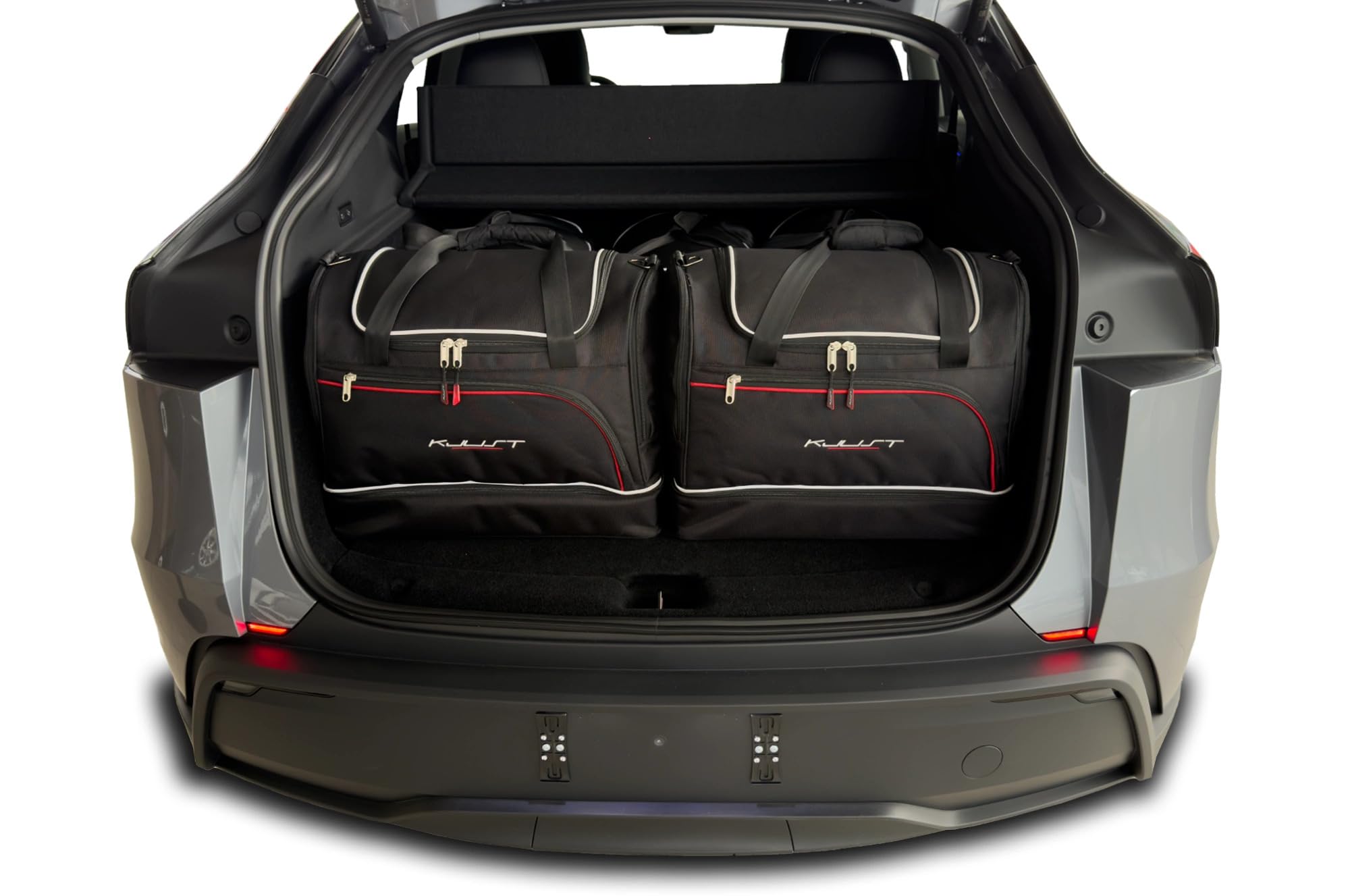 Torba do bagażnika do Tesla Model Y Juniper 2025+, zestaw 5-częściowy, 3 x wózek 67 l + 2 x torba sportowa 65 l, czarna z czerwonymi akcentami