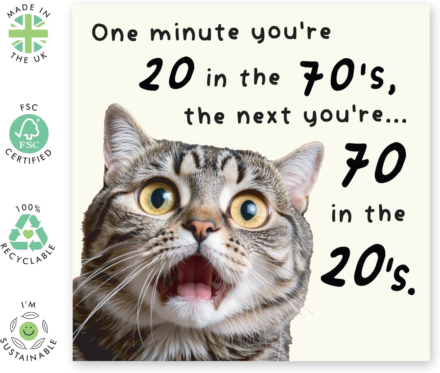 面白い70歳の誕生日カード &ndash; 「One Minute You're 20 in the 70年代」 &ndash; 陽気な猫の顔カード