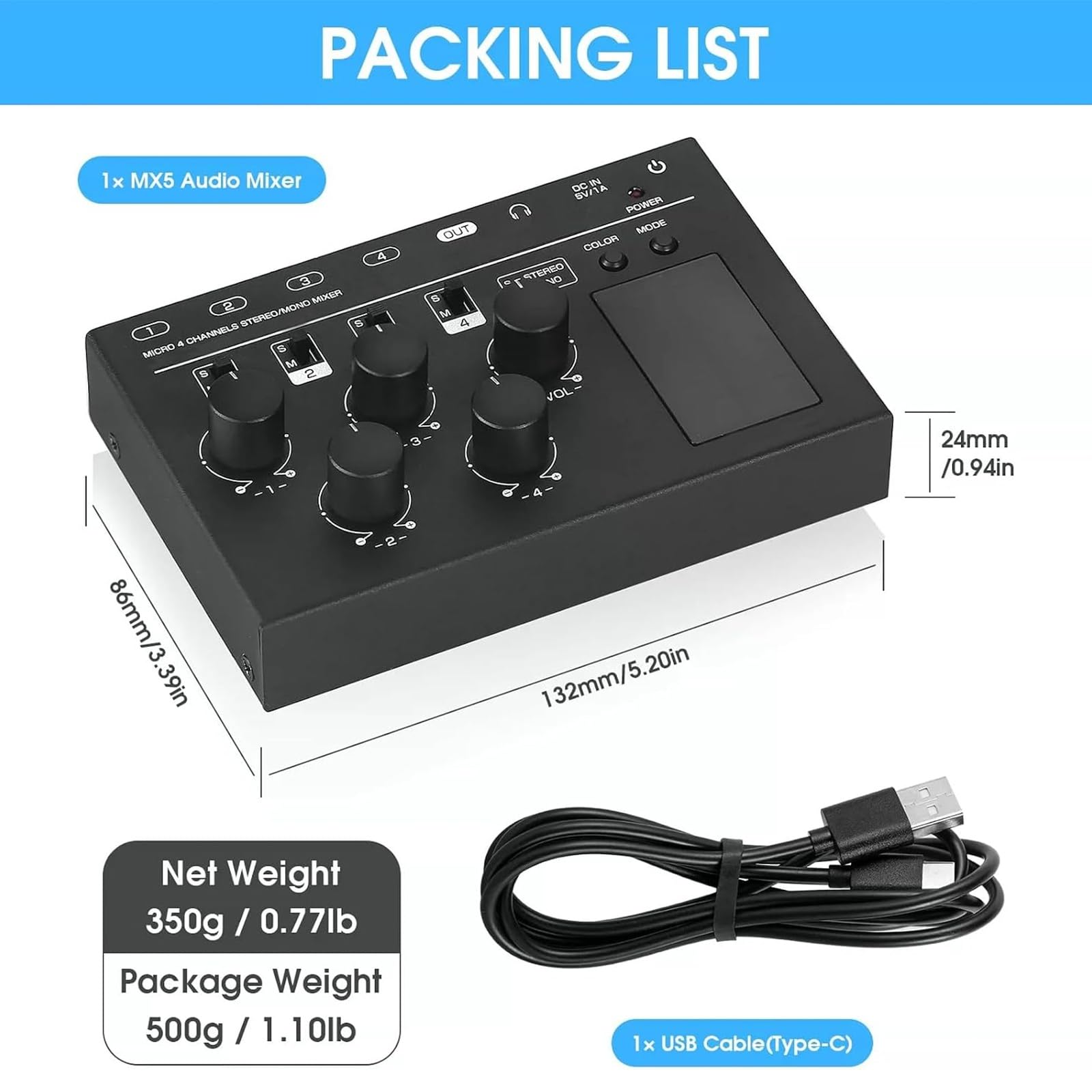 4-kanałowy mikser audio mono/stereo, wskaźnik poziomu LED | Mikser liniowy o ultraniskim poziomie szumów, regulowany kolor i wzmocnienie, wizualizator muzyczny RGB, do streamingu