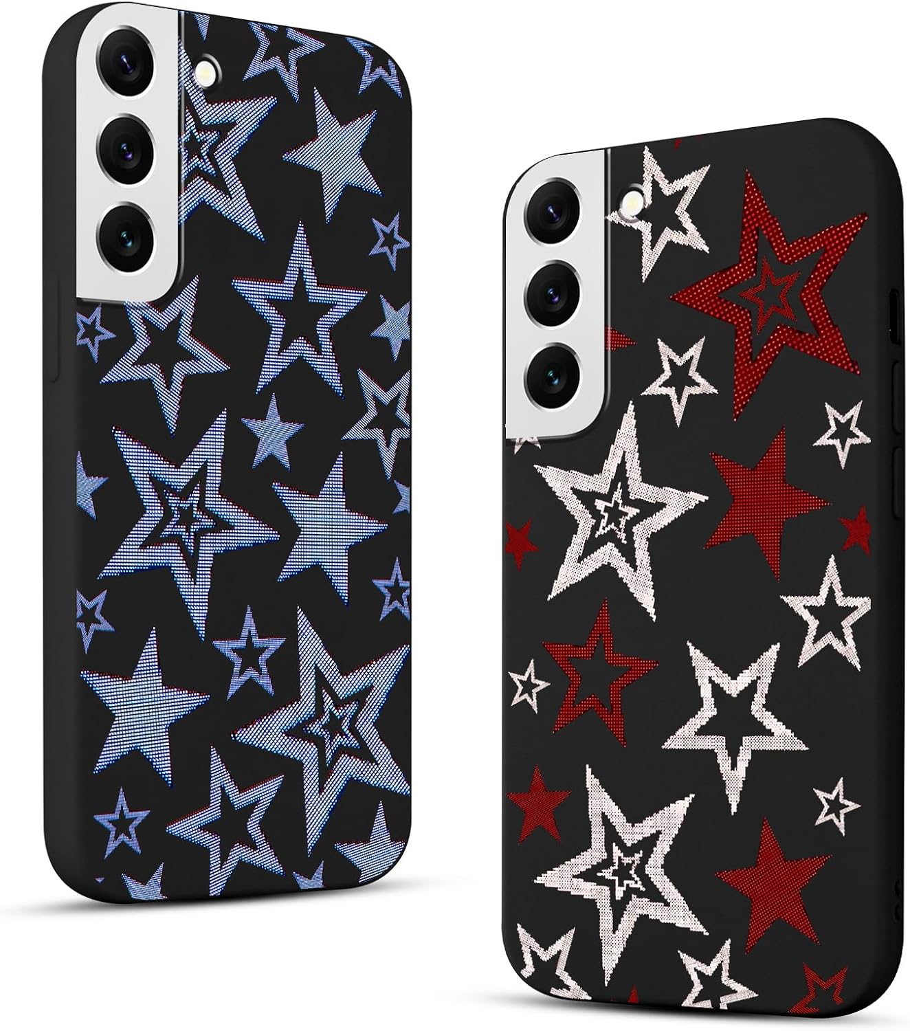 2 Pack Cute Star Phone Case for Samsung Galaxy S22 5G 6.1",Cool Aesthetic Y2K Cases Y3K Blue Stars Design Cover for Women Girls Teens,Black Silicone Shockproof Protective Funda for Samsung S22