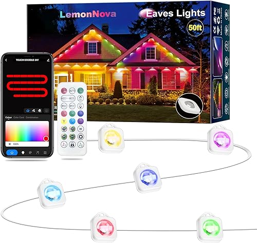 Luces permanentes para exteriores, luces RGB inteligentes para exteriores con aleros de Navidad para casa con control remoto de aplicación, 50 pies