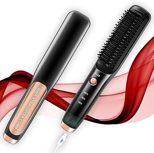Cepillo alisador de pelo inalámbrico, cepillo alisador portátil, batería de larga duración con USB-C recargable, antiquemaduras, portátil para