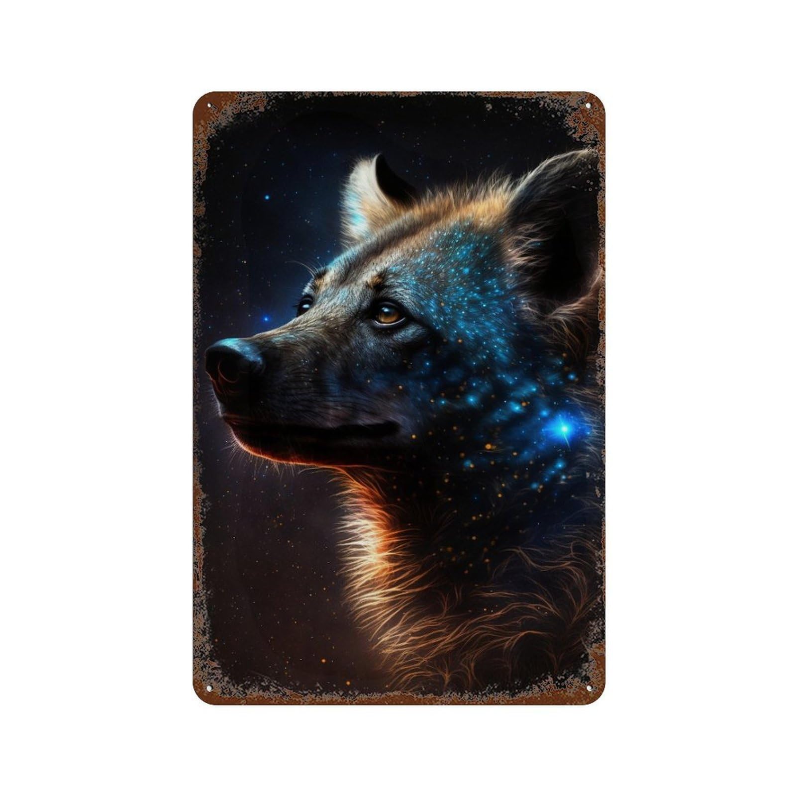 Rustic Tin Plaque with Galactic Wolf Portrait -27 Design 11.8"x7.9", for Pub, Kitchen And Man Cave Decor, Old School Wall Decor