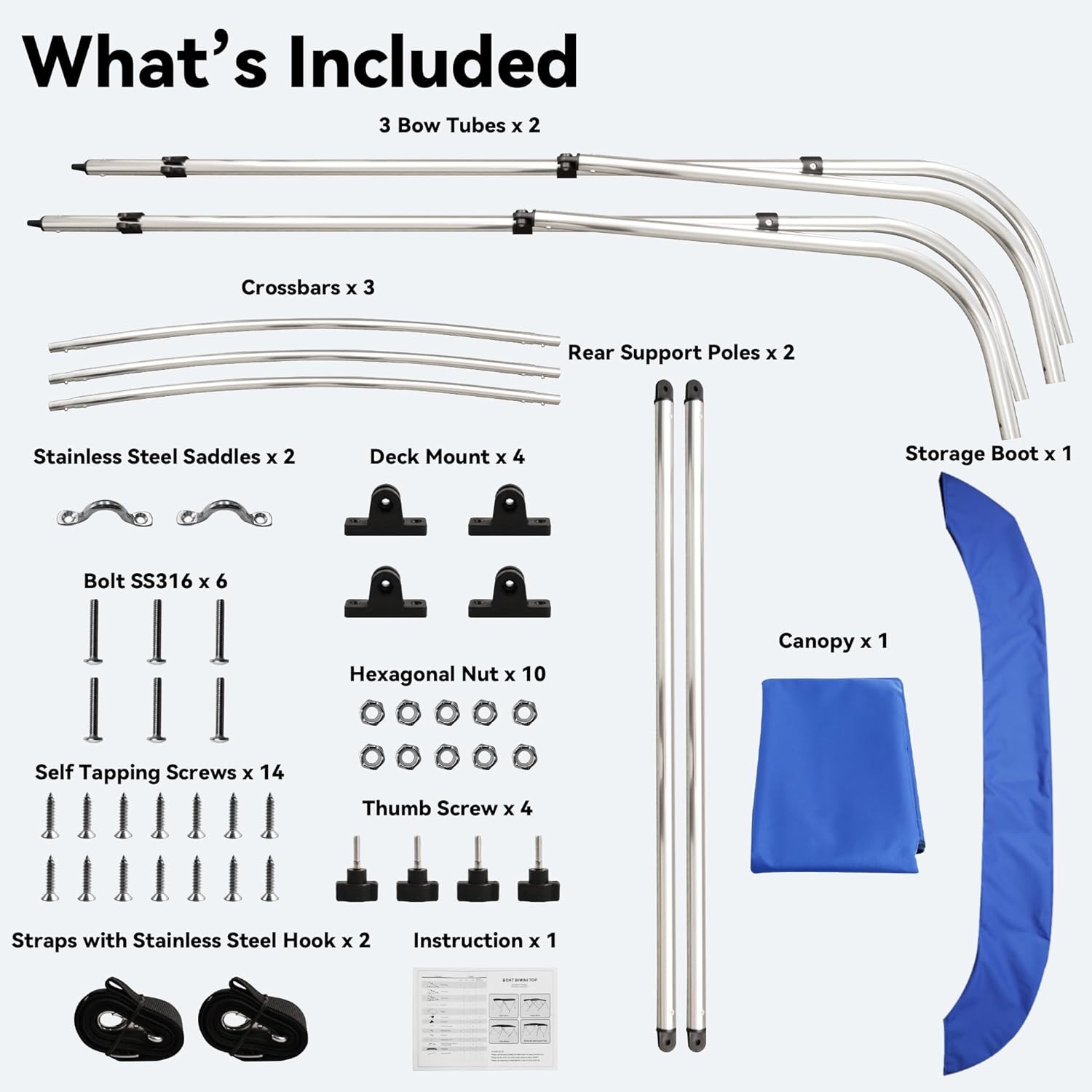 Deckpro 3 Bow / 4Bow Boat Bimini Tops, 600D Solution Dyed Polyester Canopy with 1" Aluminum Alloy Frame, Boat Canopy Waterproof and Sun Shade, Includes Storage Boot, 2 Support Poles, 2 Straps