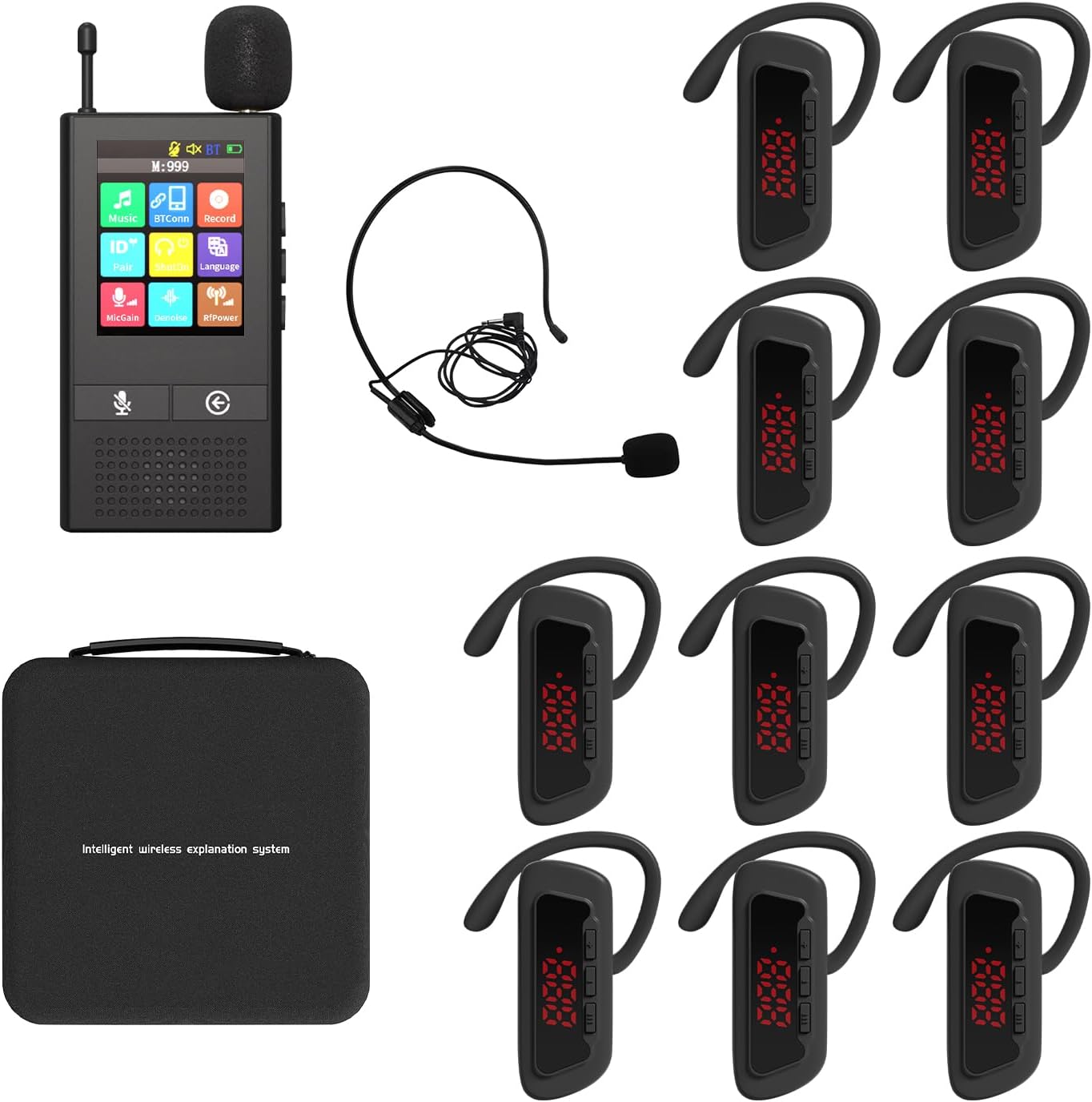 Tour Guide System, 2.4" Touch Screen Easy to Use, 200m/656ft Range, 24H Battery, Wireless Tour Guide Speaker for Church/Museume/Tour Group-1 Transmitter & 10 Receivers