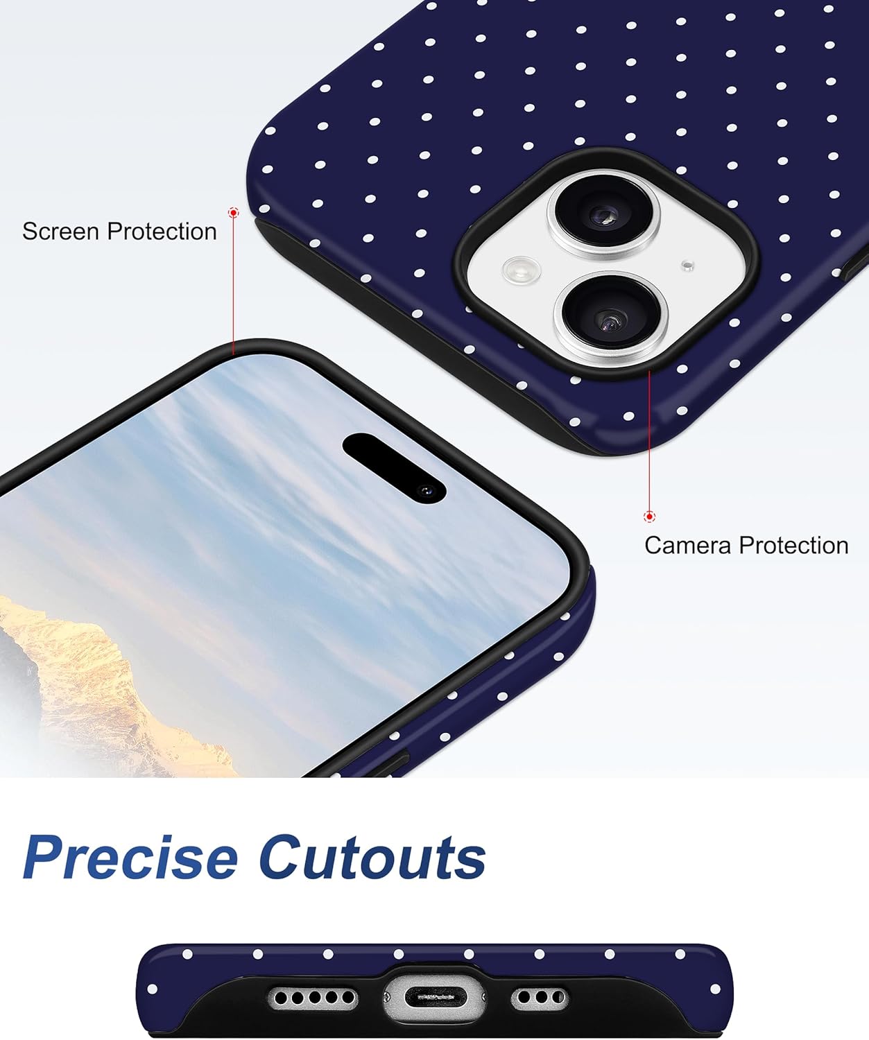 Jusy Compatible with MagSafe Polka Dot Case for iPhone 15, Cute Aesthetic Polka Dots Magnetic Phone Case, Soft TPU and Hard PC Protective Phone Cover for Women Girls (Matte), Navy Blue - Image 3