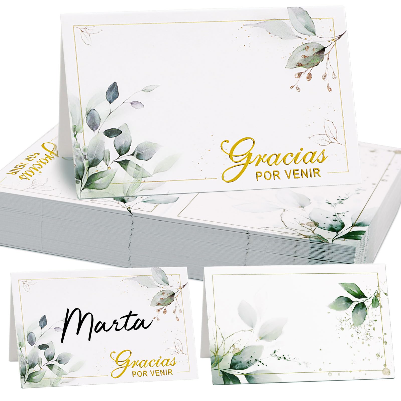 BETESSIN 50pcs Tarjeta de Mesa Nombre Tarjeta Gracias por Venir Plegable Tarjeta de Lugar Asiento Blanca Diseño Hojas Verdes para Fiesta de Boda Comunión Bautizo Cumpleaños Navidad Baby Shower