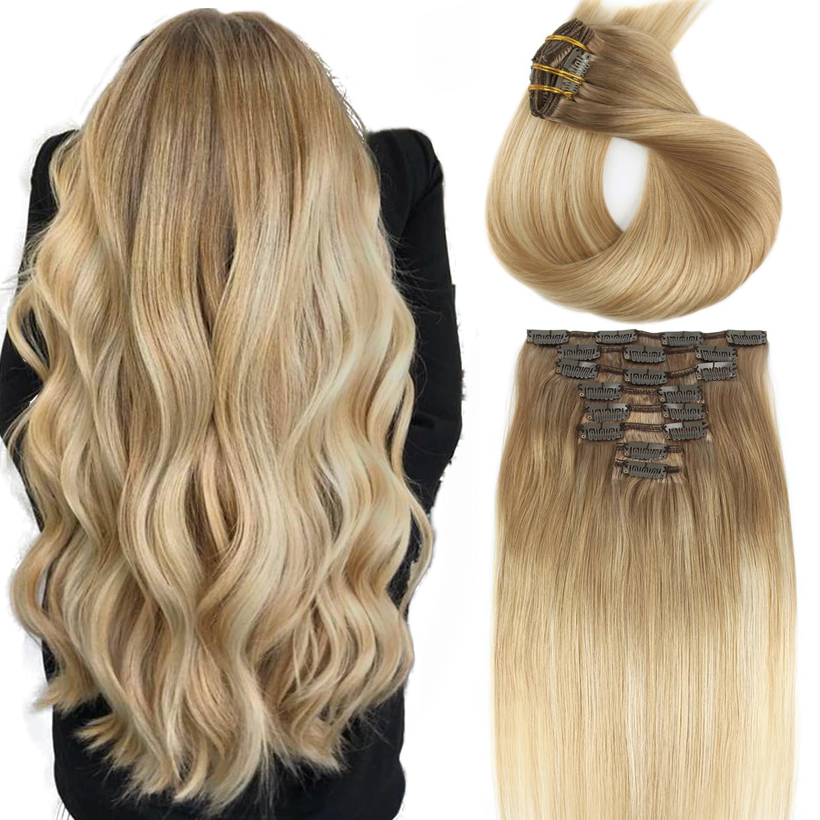 ABH AMAZINGBEAUTY HAIR Hair Extensions Real Human Hair Clip ins 22 Inch Ombre Balayage Light Brown to Ash Blonde Mix Platinum Blonde Straight Hair