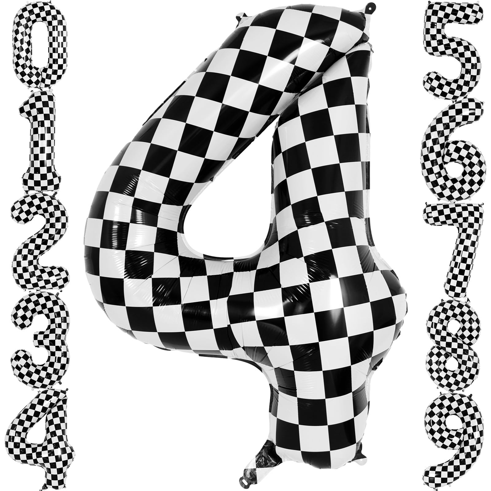 Checkered Number 4 Balloon 40 Inch, Large Foil Black and White Number Balloons, Big Mylar Number 4 Balloons for Two Fast Race Car 4 Year Old Birthday Party Decorations Supplies