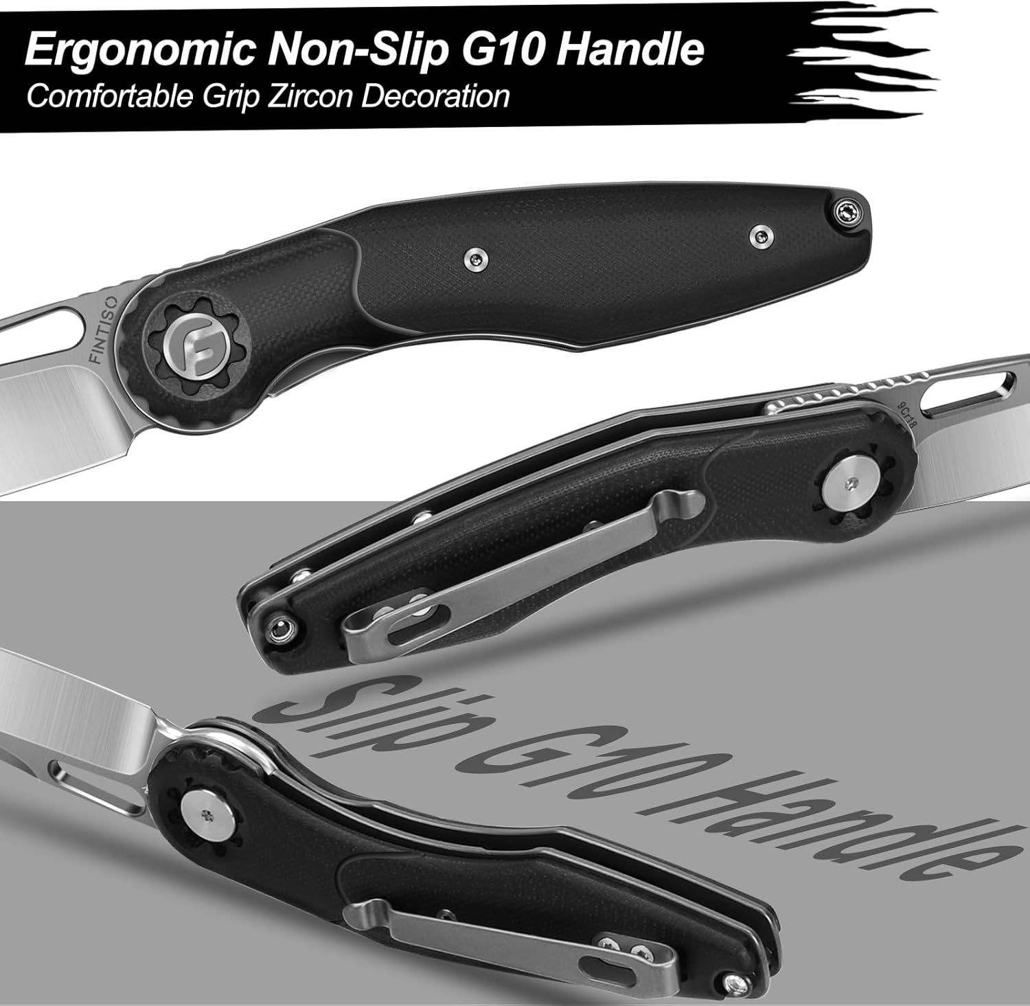 FINTISO Pocket Knife 3" Folding Knife 9Cr18MoV Blade, G10 Handle Design with Pocket Clip for Men Women, Small EDC Knife for Camping, Hunting, Hiking, Survival and Outdoor Activities, ROOK Series