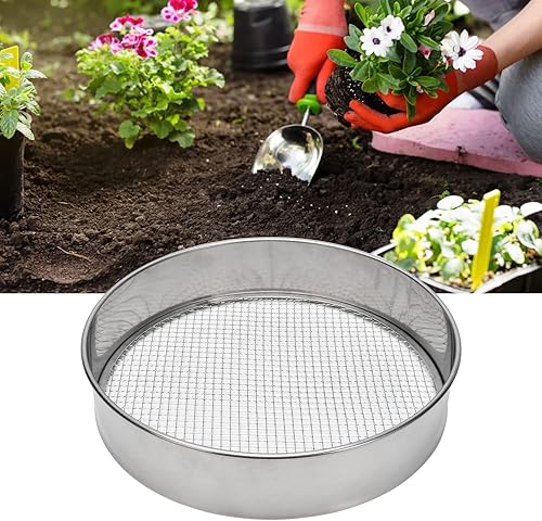 Miniatura 4 de Juego de tamiz de tierra de acero inoxidable para macetas de jardín, con 5 tamaños de malla de filtro intercambiables de 3, 6, 9, 10, 0.472in y pala