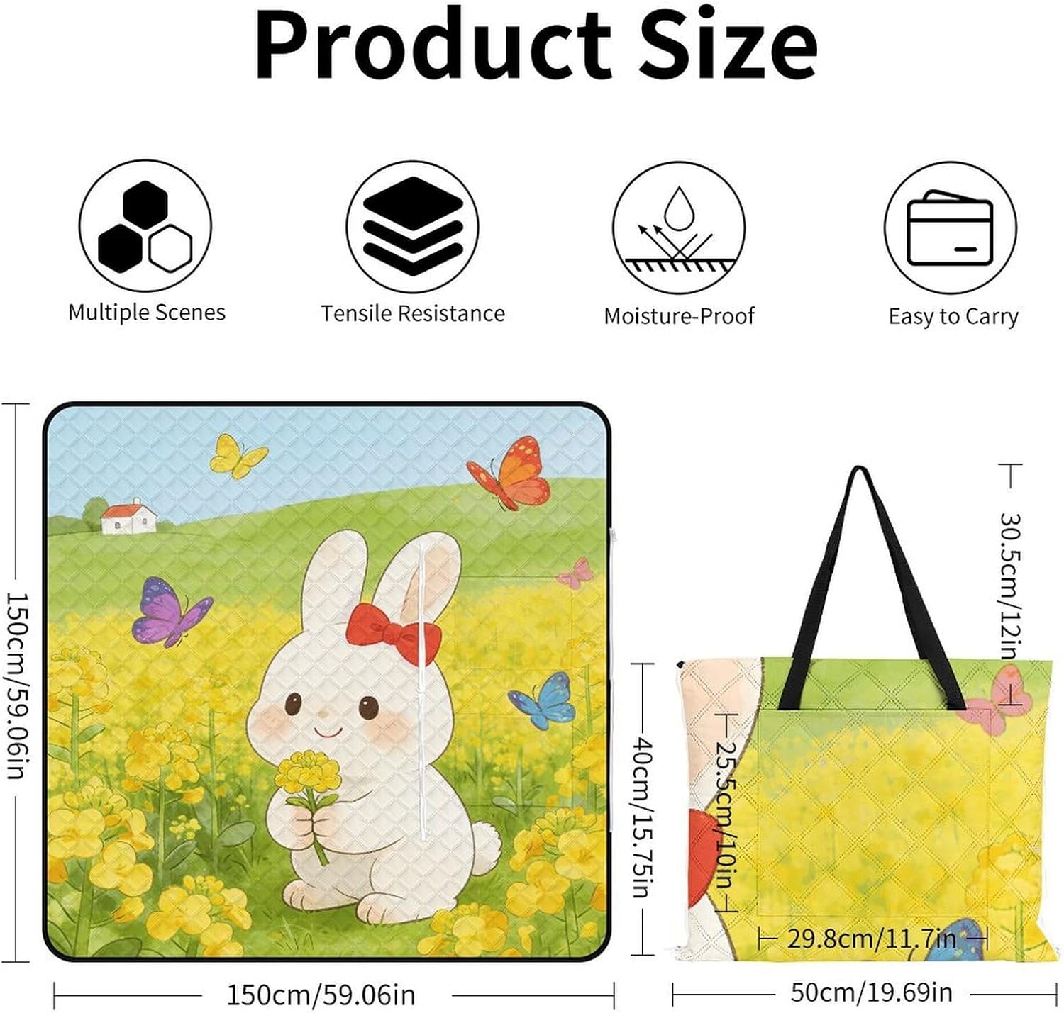Spring Flower Picnic Blanket with Zipper Water Resistant Sand Free Picnic Mat Washable Foldable Easy Carry Beach Blanket for Lawn Beach Hiking Camping