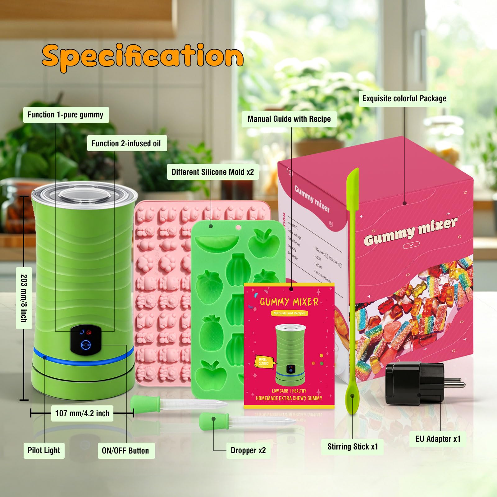 Gummi-Maschine Mit Öl-Infusion – DIY Gummibärchen-Set Inkl. Bären-, Obst- Und Wurmformen, 14 Min. Zubereitung, UL-zertifiziert, 5 Jahre Garantie (grün)
