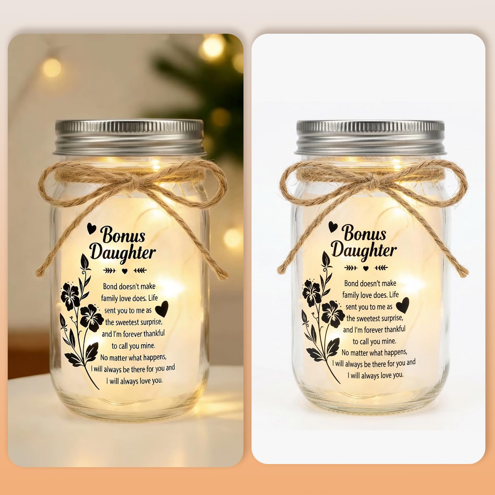 Bonus Daughter Mason Jar Night Light, Bonus Daughter Birthday Gifts from Stepmom, Step Daughter Gifts, Best Step Daughter Gift Idea for Birthday Christmas Comfort Decor
