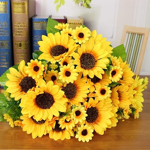 Miniatura 4 de Paquete de 6 girasoles artificiales con tallos para interiores y exteriores, girasol de seda artificial de 12 pulgadas con 13 cabezas de girasol y