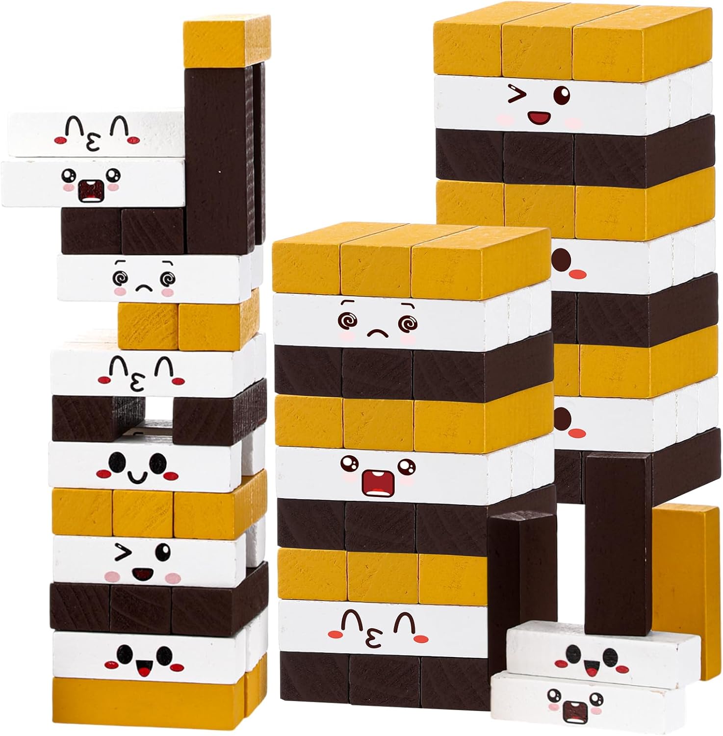 Soulchen 54 Pcs Wooden Smores Blocks Stacking Funny Marshmallow Camping Party Games 3 Colors Cookies Stacking Tower Toys for Kids Family Team Birthday Holiday Party Supplies