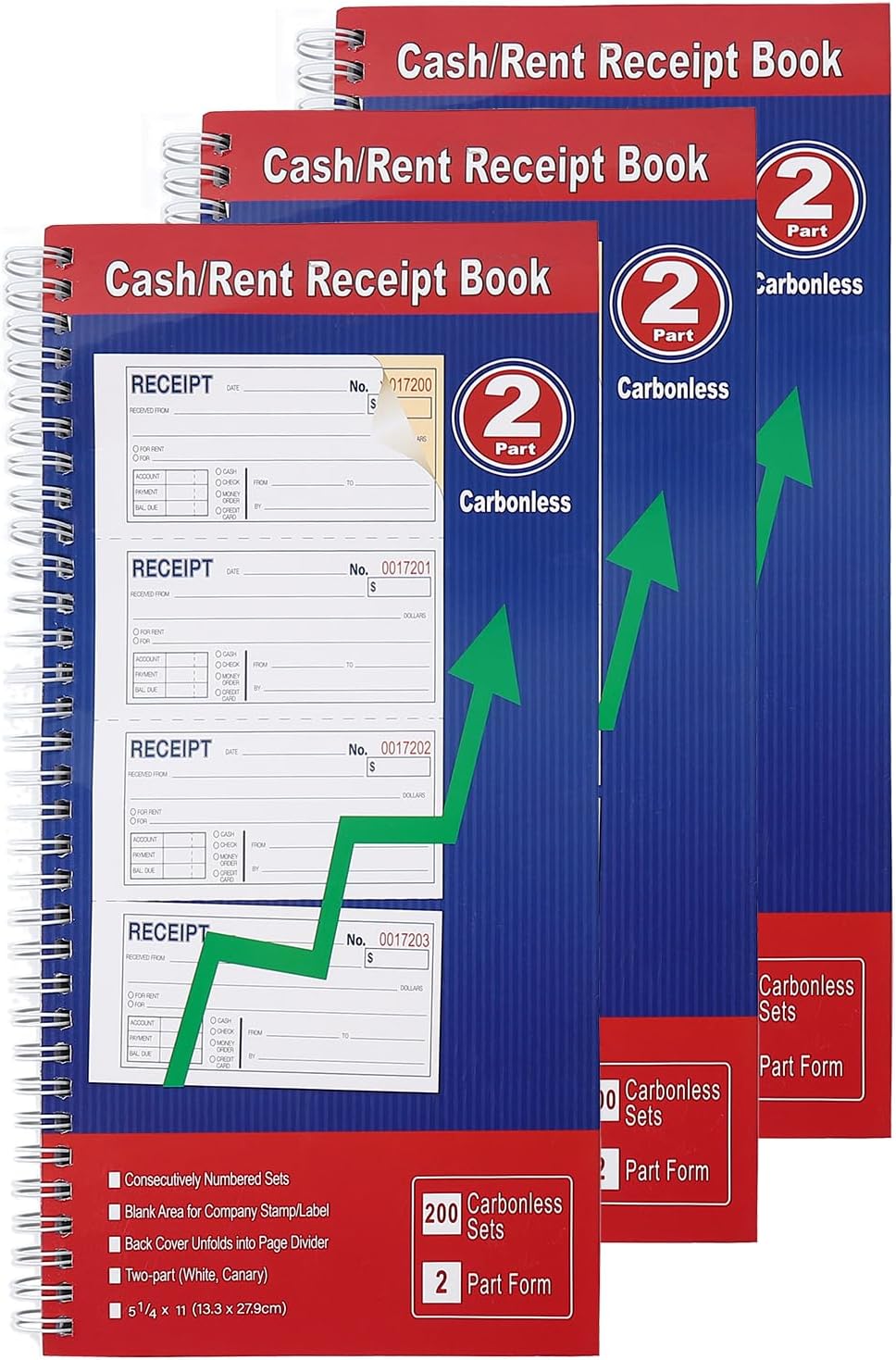 Cash Receipt Book, 200 Sets, 2-Part Carbonless, 5-1/4" x 11", Spiral Bound, White & Canary Copies - Numbered Forms for Cash Transactions, Rent Payments & Business Records (1pack)