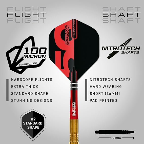 RED DRAGON DARTS - 50 Year Classics Collection - Virgin 5-95% Tungsten - Professional Steel Tip Darts Set - Includes Dart Flights & Dart Stems (Shafts) - Available in 24g & 26g