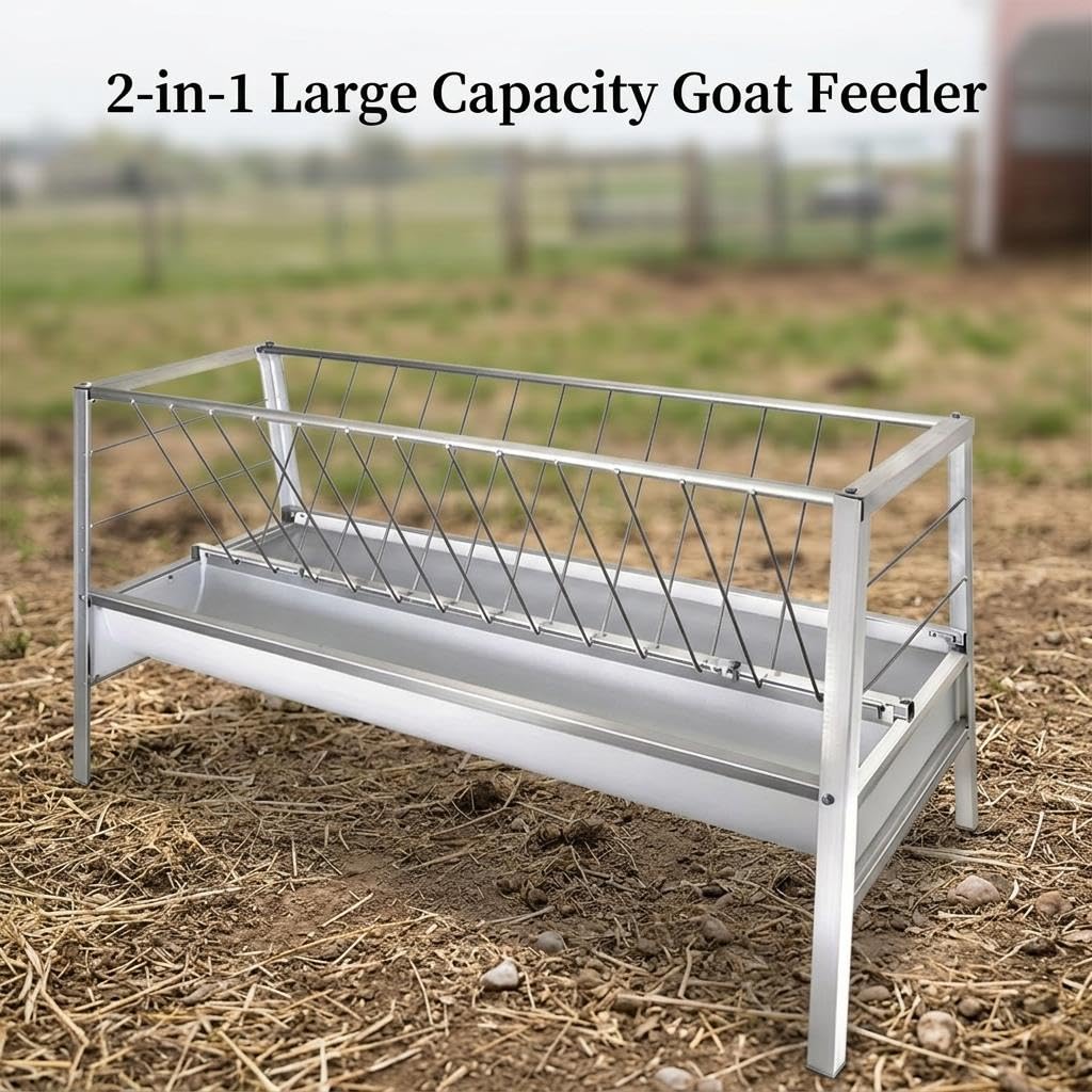 Comedero para heno para Cabras de 94 galones y 65 Pulgadas, comedero de Acero Inoxidable Resistente para Ganado con Bandeja Profunda, diseño Que Ahorra Espacio para Uso en Granjas, cobertizo
