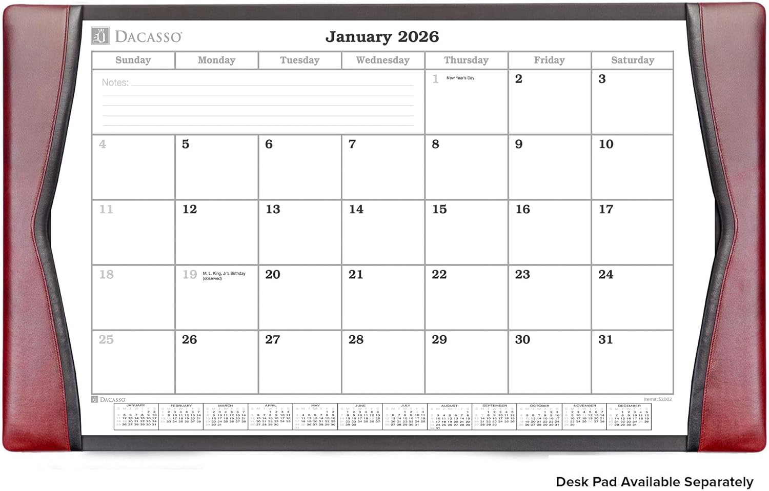 2026 Desk Pad Monthly Calendar Refill/Insert, 32.875" x 18.875", Dacasso (S2002 / S2002-O)