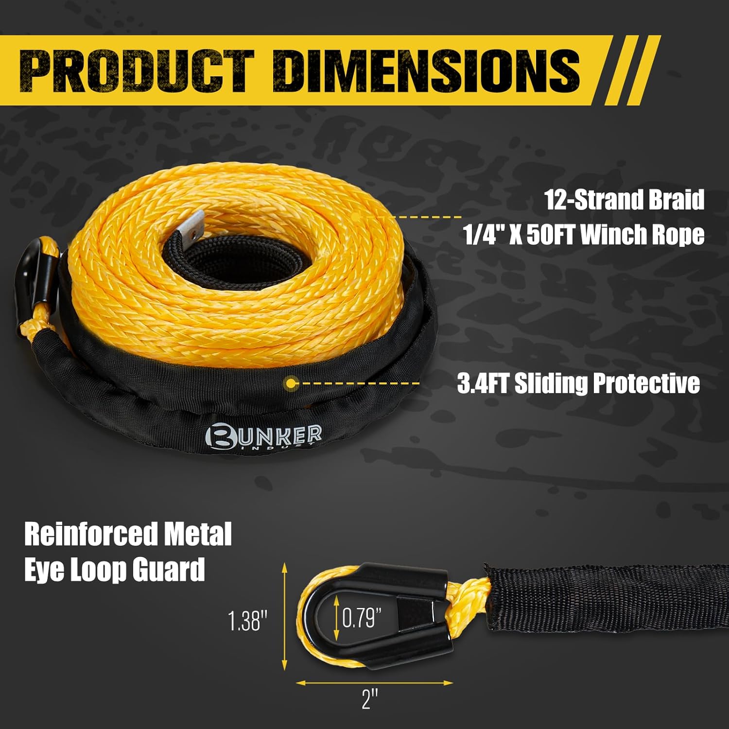 BUNKER INDUST 1/4" x 50' Synthetic Winch Rope,9500LBS ATV UTV Winch Cable with Protective Sleeve 50 FT Winch Line Replacement for 4500 to 6000LBS Winch, Yellow - Image 6