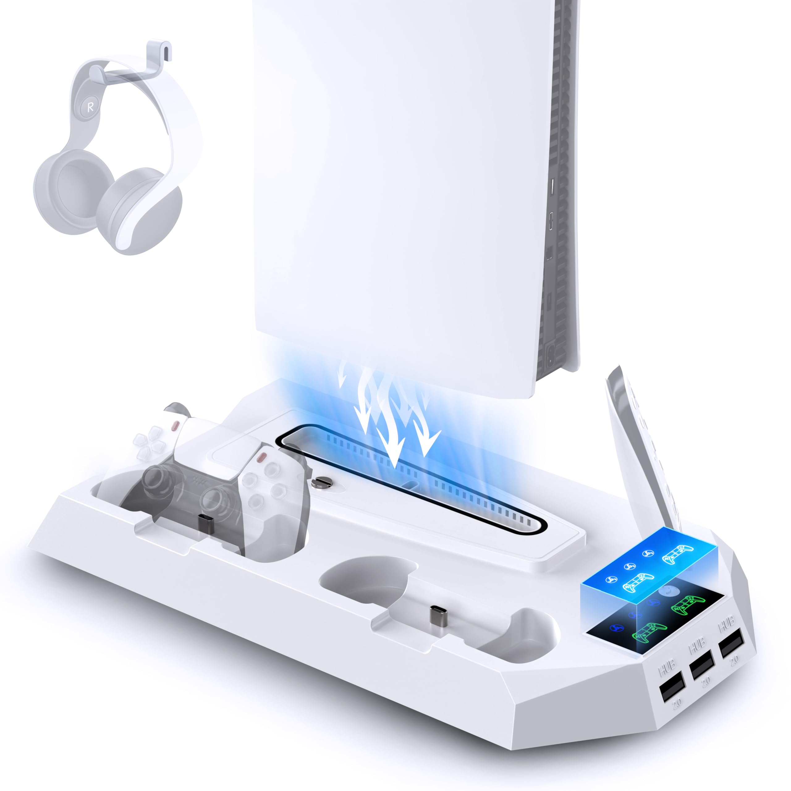 PS5 Pro/PS5/PS5 Slim対応 縦置きスタンド 【冷却ファン·多機能収納】急速充電 PS5冷却ファン 3段階風速調整 コントローラーデュアル适用 放熱対策 過充電防止 充電指示ランプ付 PS5 周辺 スタンド PS5/PS5 Pro/PS5 Slim ディスク/デジタル版機種対応 (ホワイト)