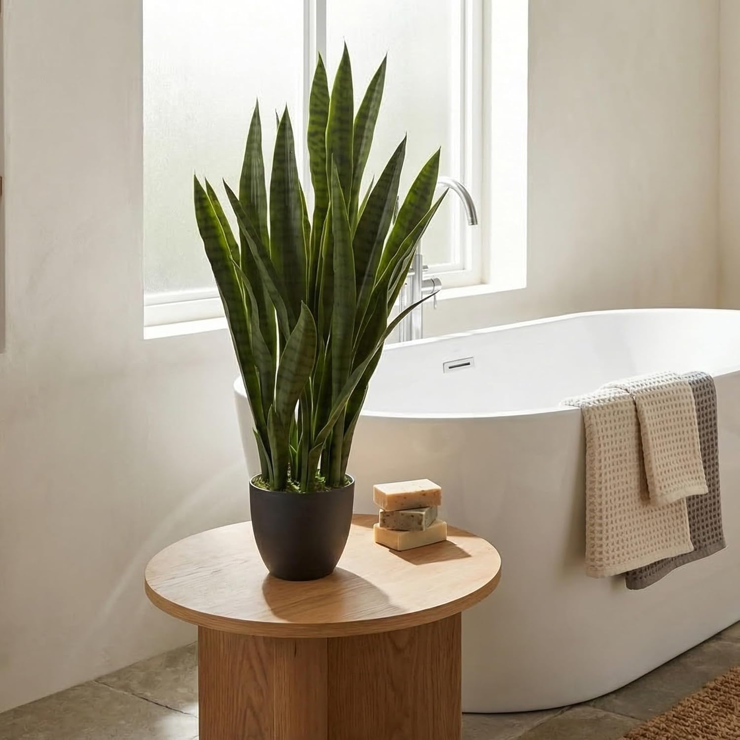 nearly natural 35in artificial snake plant, sansevieria faux greenery with black planter for indoor home office decor, low maintenance
