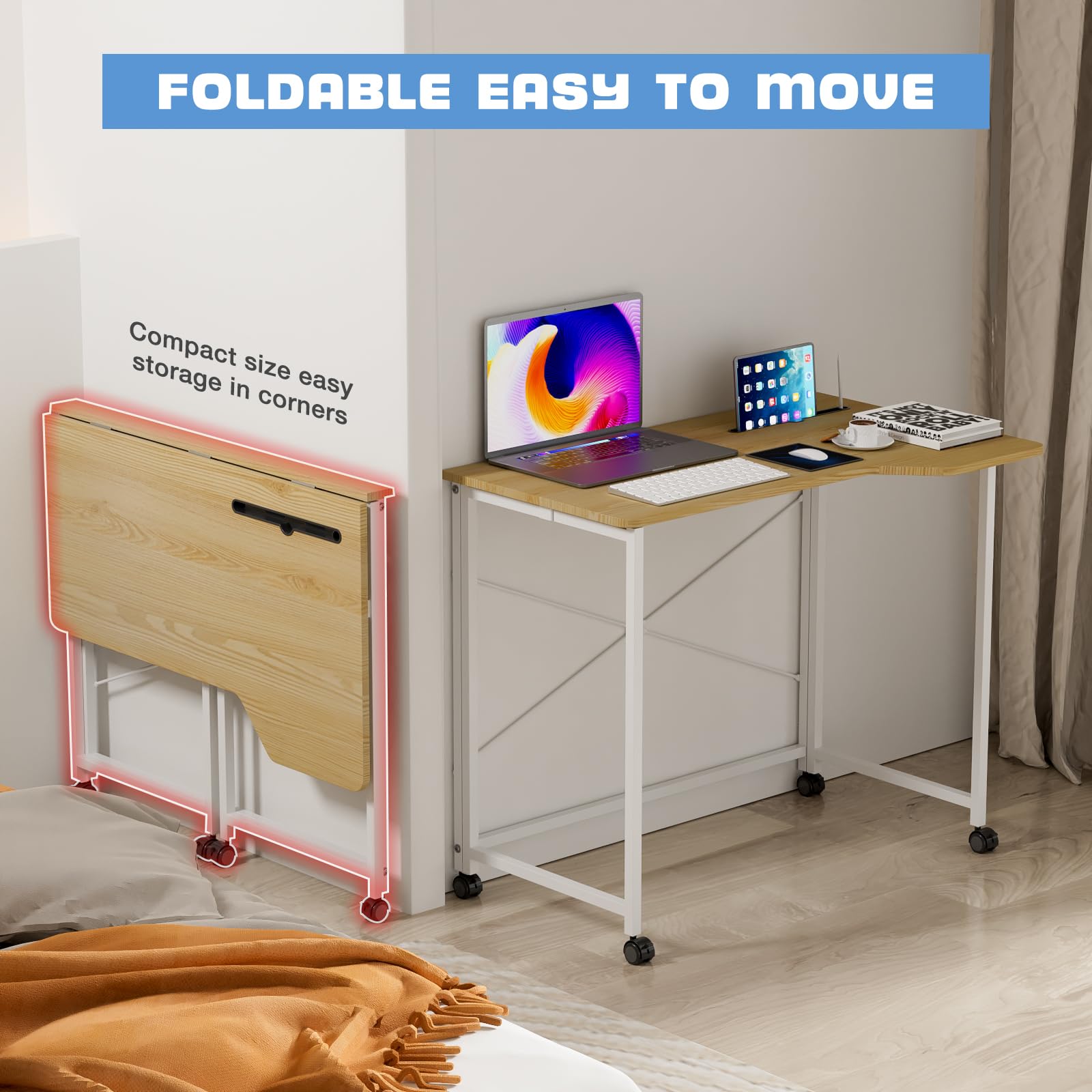 HOMCOM Rollend Bureau met Lade en Schappen, 4 Wielen, Compact, Spaanplaat, Metaal | Netherlands