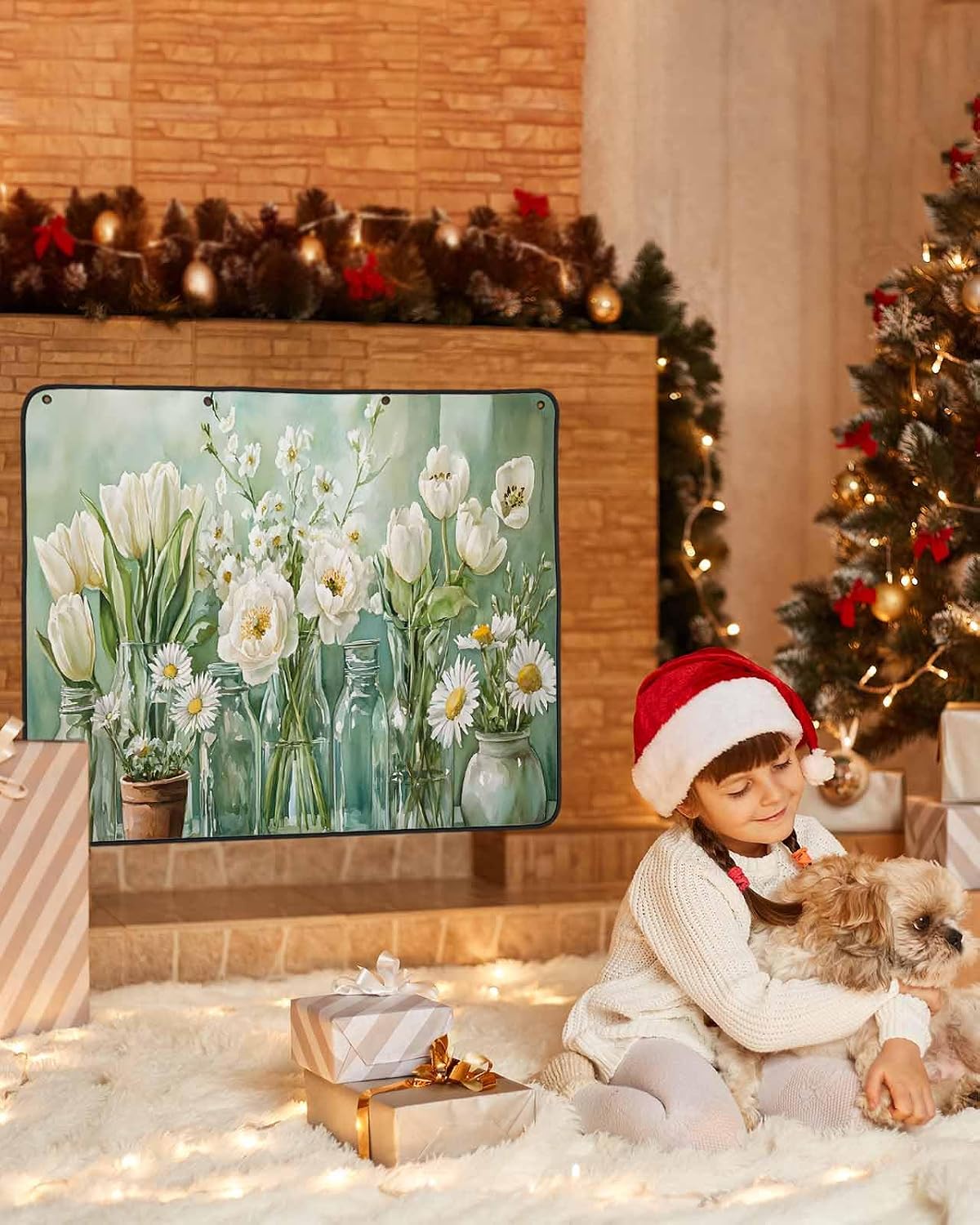 Green Spring Floral Magnetic Fireplace Cover, Fireplace Draft Blocker, Watercolor Summer Flowers Tulip Fireplaces Blanket for Heat Loss/Cold Air, Fireplaces Draft Stopper Cover for Inside 45"x34"