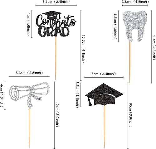 Miniatura 2 de Ercadio Paquete de 24 adornos para cupcakes de graduación de dentistas, color negro y plateado con purpurina, felicitaciones, dientes de graduación,