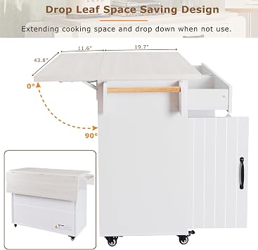 Kitchen Island with Folding Drop Leaf Breakfast Bar, Storage Rolling Kitchen Portable Table with Drawer, Cabinet, Garbage Bin Storage, Spice Rack, Towel Rack(White)