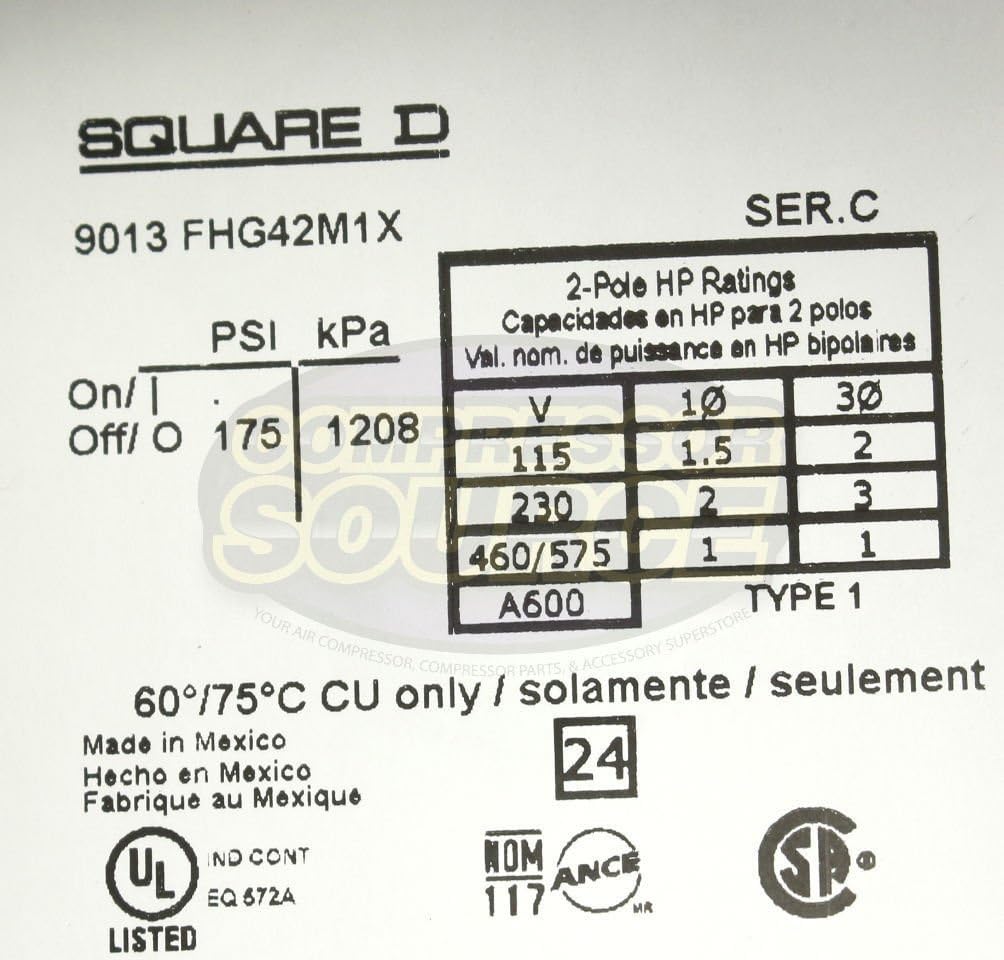 Square D 9013FHG42J59M1X Air-Compressor Switch
