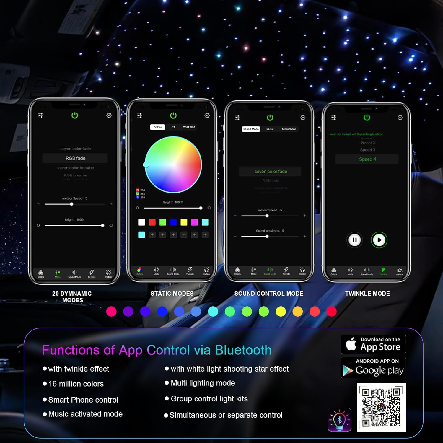 6W Small Size Car Twinkle Fiber Optic Starlight Headliner Kit, 150pcs*0.03in*6.5ft Sound-Activated APP& Remote Control Starlight Engine for Car Home